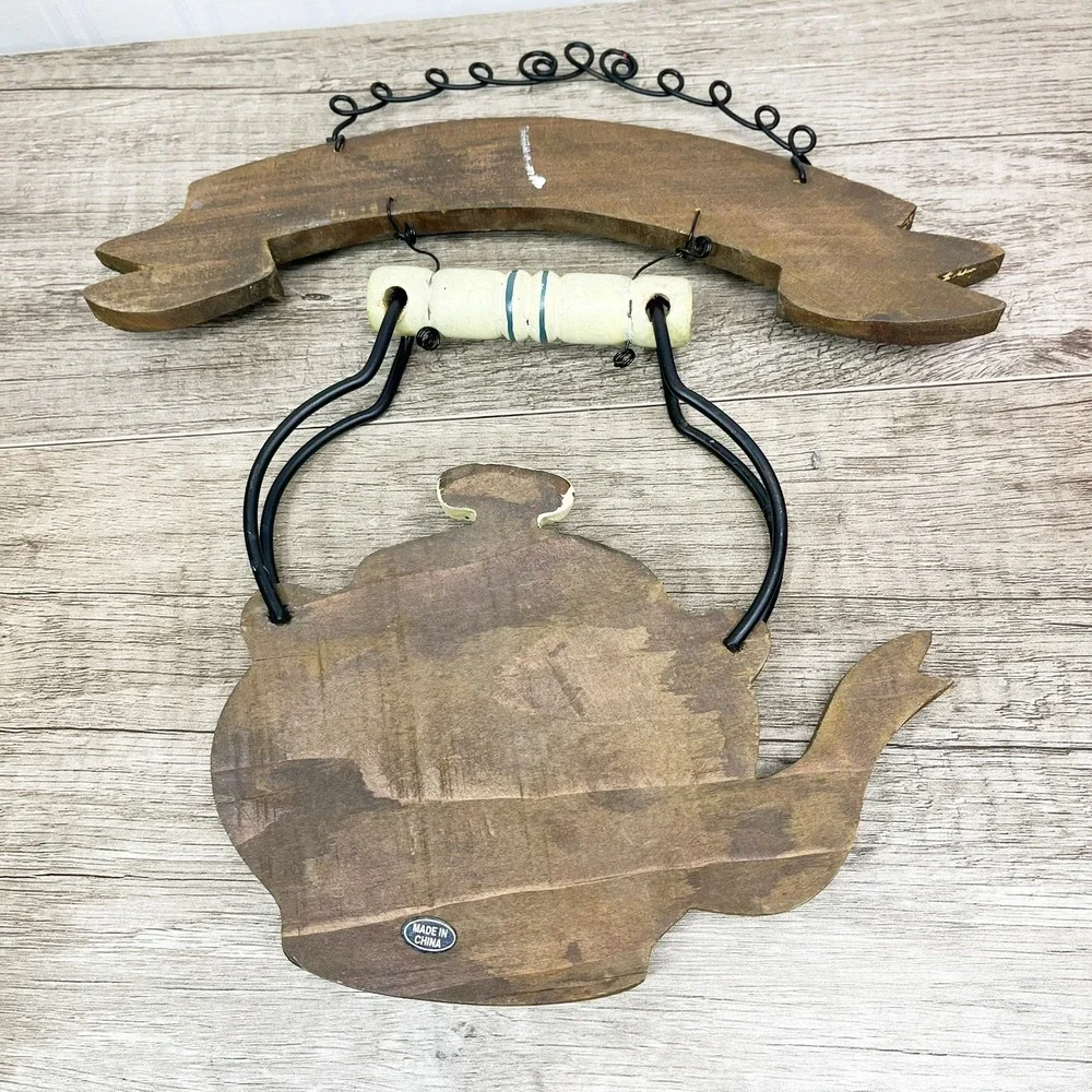 Vintage Rustic Wood Tea Time Welcome Friends Teapot Wall Hanging Kitchen Decor
